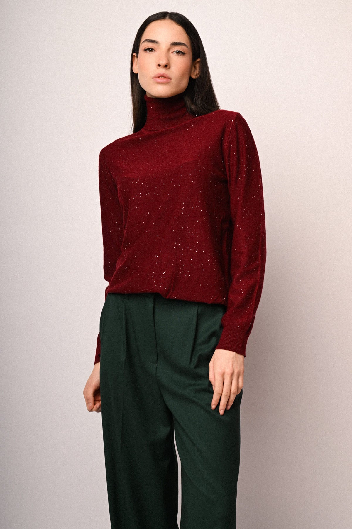 Jersey burdeos de cuello alto con mini lentejuelas, vista completa con mangas largas.