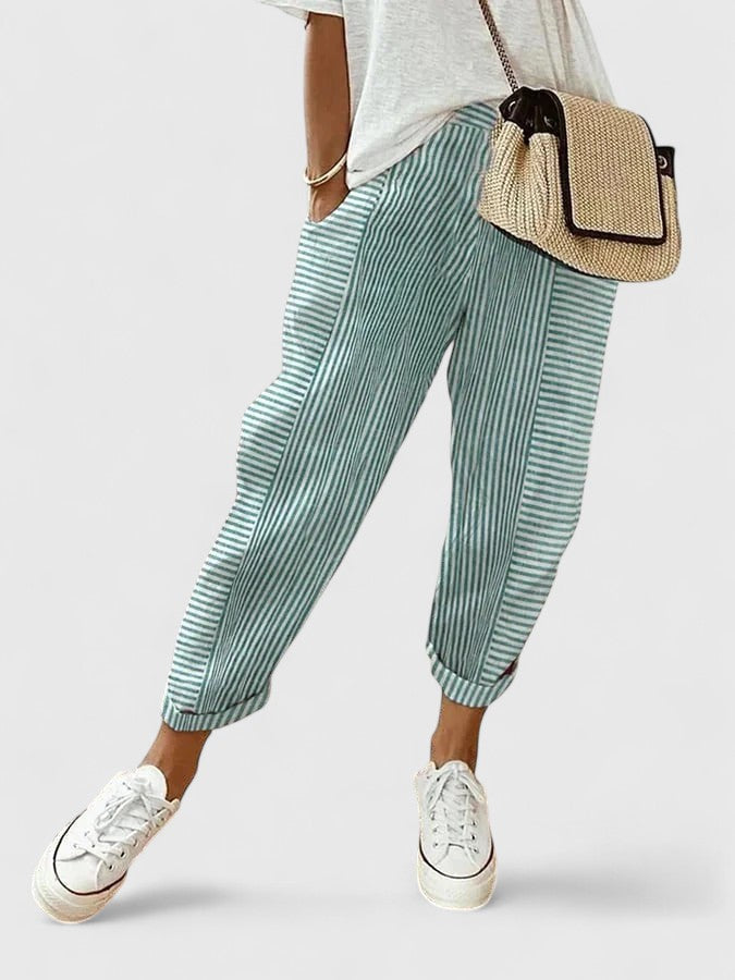 Pantalones cómodos a rayas, tiro alto, verde con puño elástico