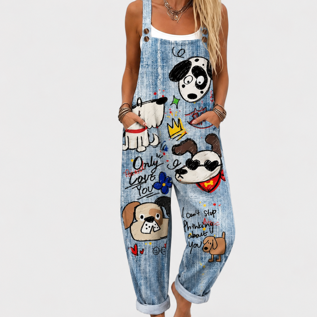 Mono largo de mezclilla sin mangas con estampado boho de perros y con peto