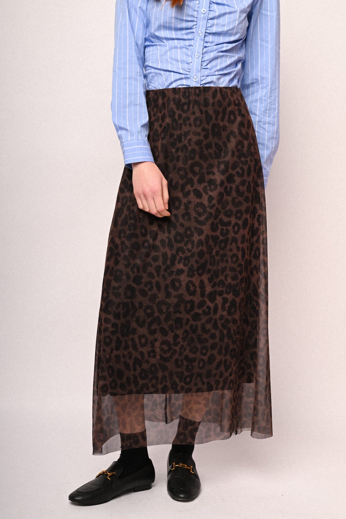 Falda midi de tul con estampado animal marrón oscuro, caída suelta