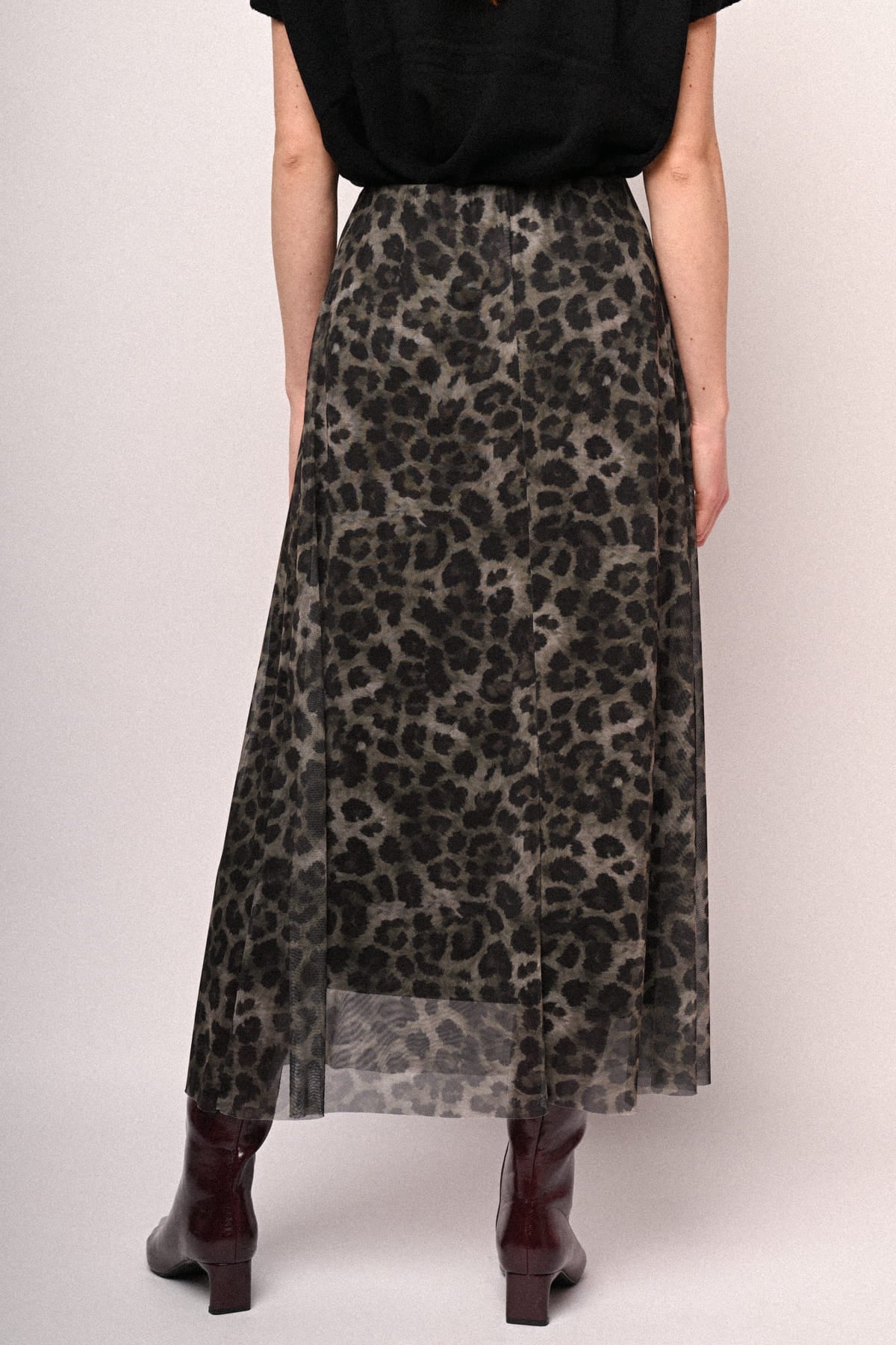 Falda midi de tul con estampado animal leopardo, silueta recta