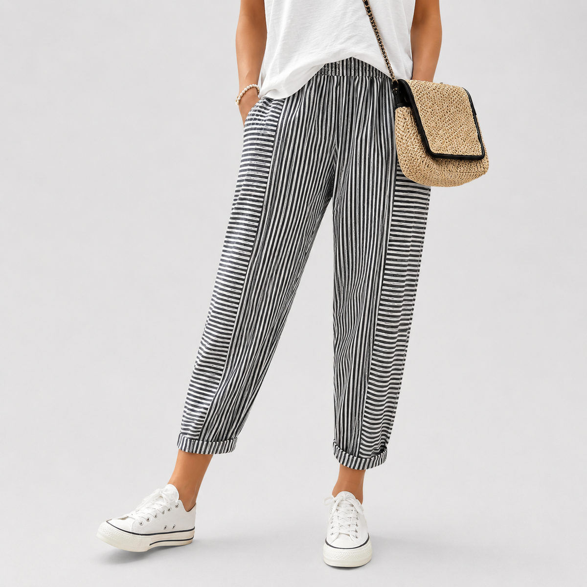 Pantalones cómodos a rayas, tiro alto, gris oscuro con puño elástico