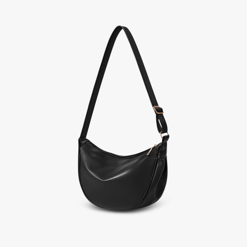 Bolso bandolera tipo media luna negro, con asa ajustable y detalle metálico