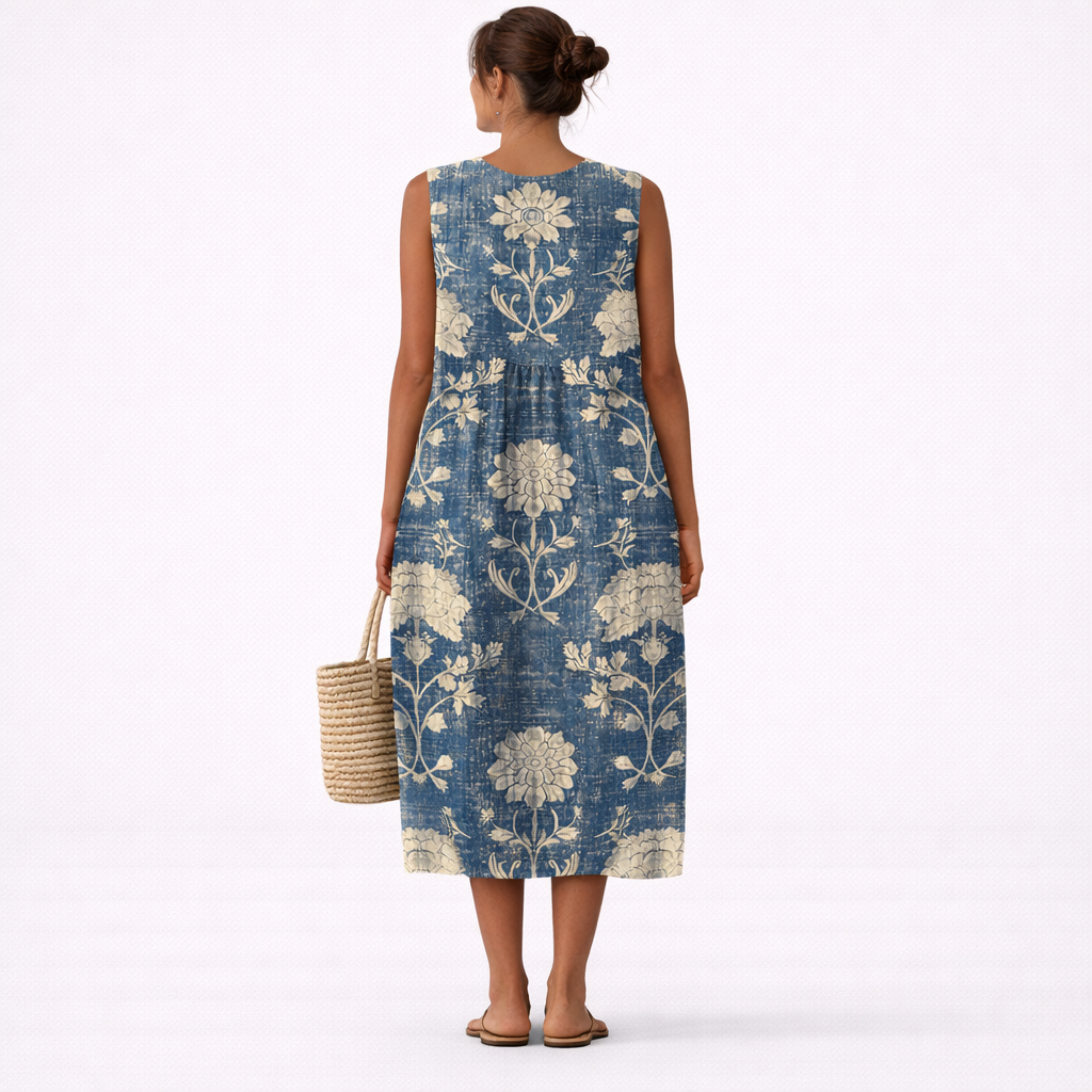 Vestido midi sin mangas azul con flores beige, vista trasera
