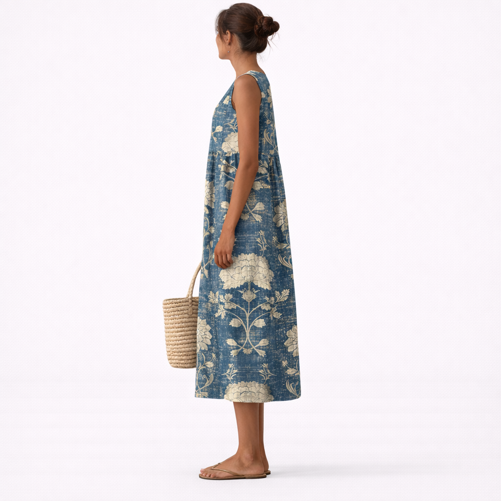 Vestido midi sin mangas azul con flores beige, vista lateral