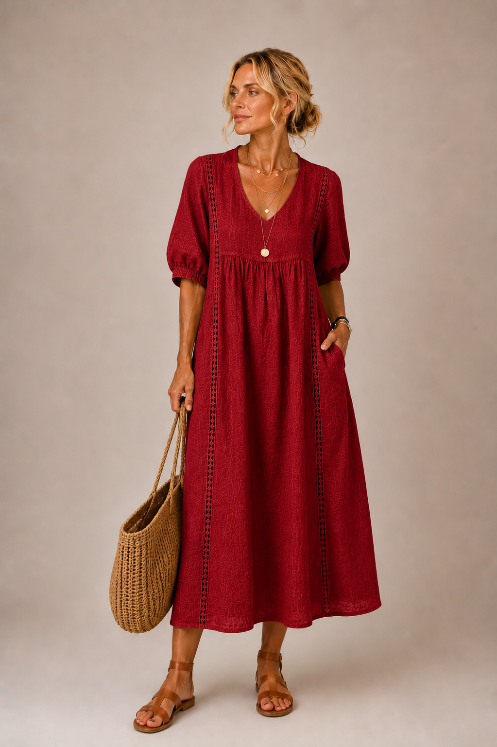 Vestido midi rojo de verano con escote en V y mangas abullonadas, costura vertical decorativa.
