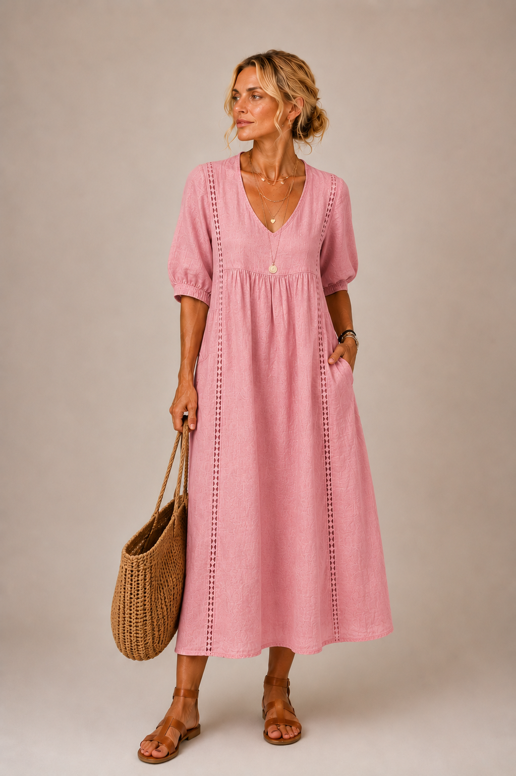 Vestido midi rosa de verano con escote en V y mangas abullonadas, bordado vertical.