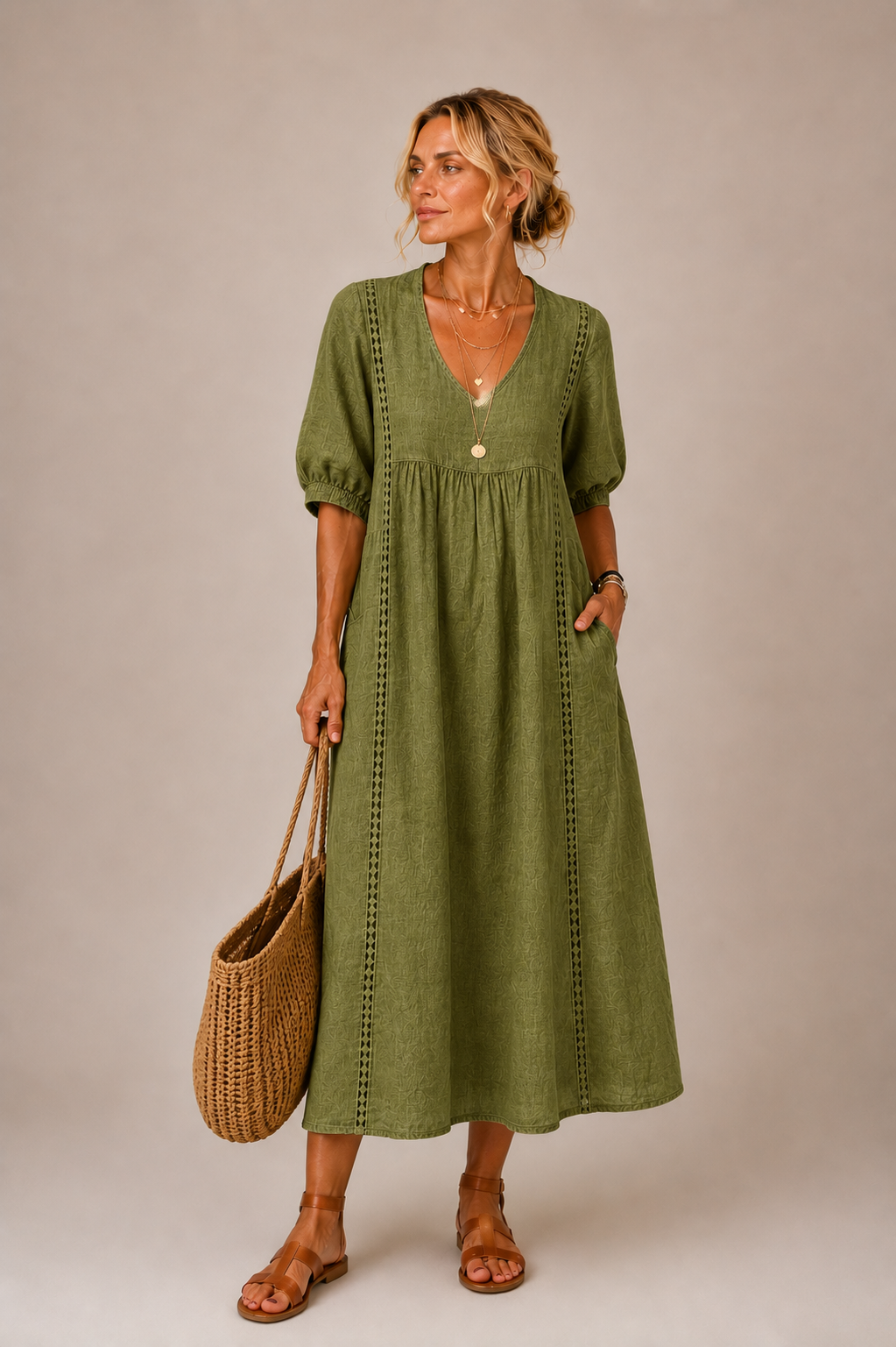 Vestido midi verde oliva con escote en V y mangas abullonadas, costura decorativa vertical.