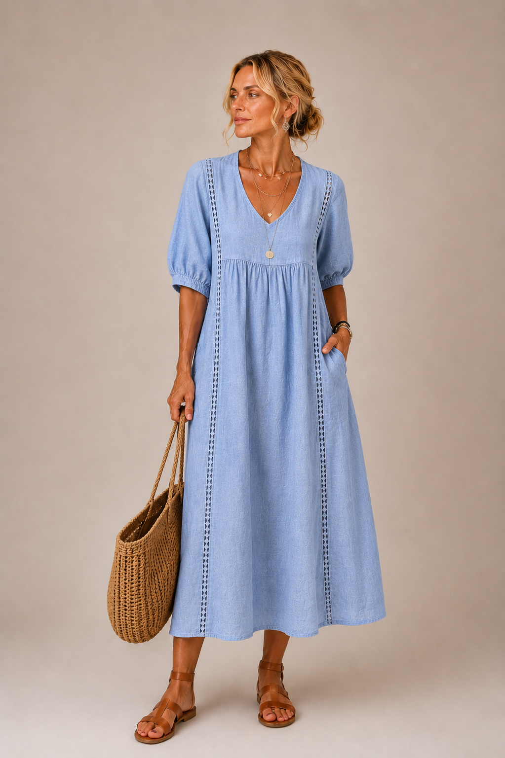 Vestido midi celeste de verano con escote en V y mangas abullonadas, costura vertical.