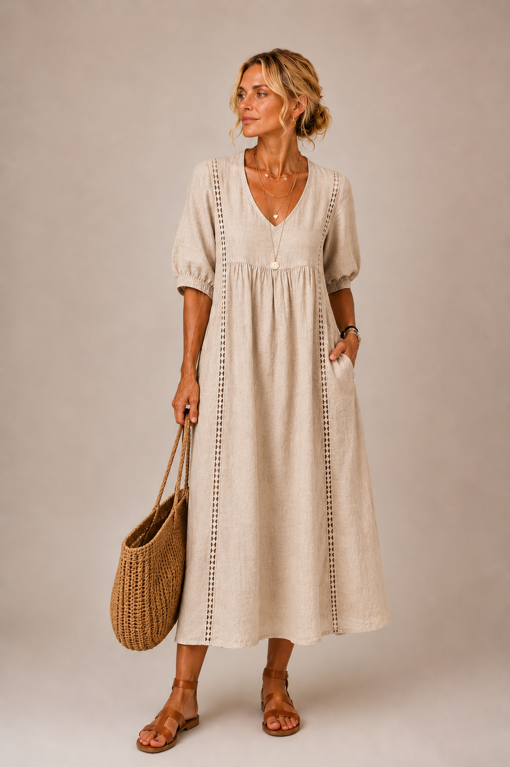 Vestido midi beige de verano con escote en V y mangas abullonadas, bordado vertical.