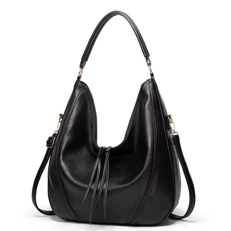 Bolso casual Michelle™ negro con asas dobles y flecos en la parte frontal