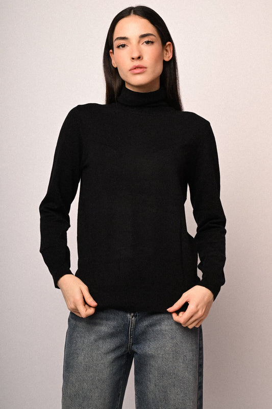 Jersey negro de cuello alto, manga larga, tejido de viscosa, básico