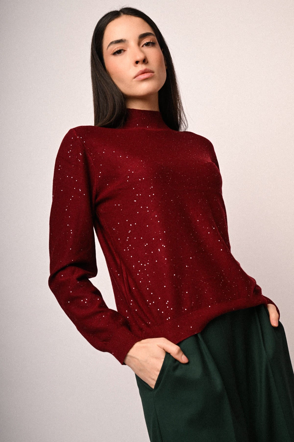 Jersey burdeos de cuello alto con lentejuelas, vista lateral con mangas largas