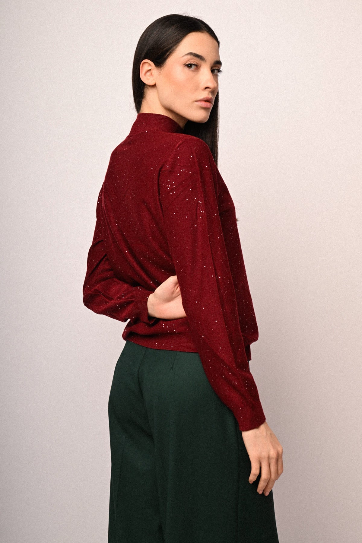 Jersey burdeos de cuello alto con lentejuelas, vista trasera-lateral