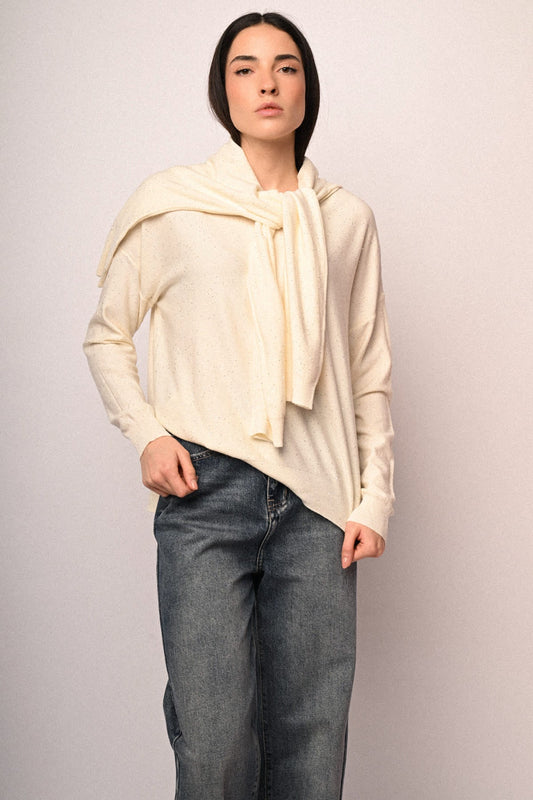 Jersey básico blanco con mini lentejuelas y capucha con lazo, manga larga