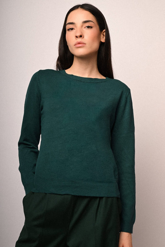 Jersey básico de punto verde oscuro con cuello redondo y manga larga