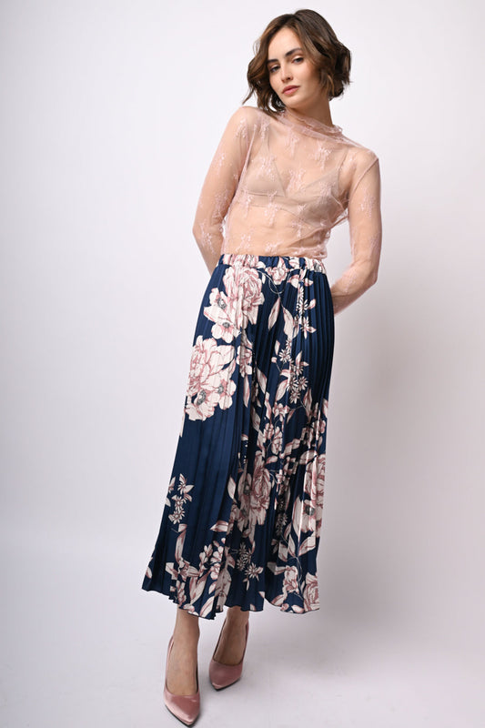 Falda midi plisada azul con estampado floral, cintura elástica y vuelo