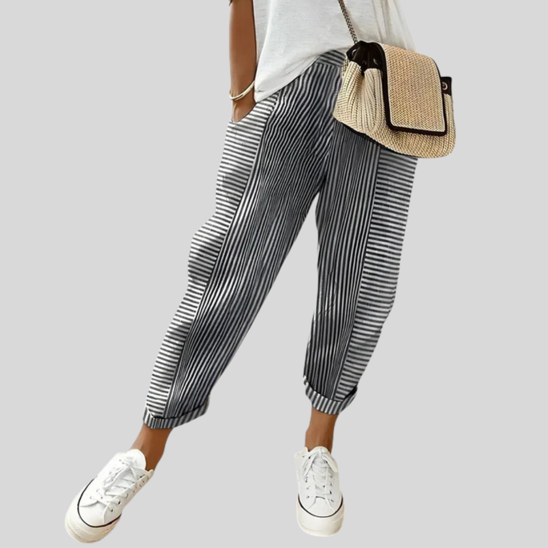 Pantalones cómodos a rayas con dobladillo elástico, azul marino y blanco