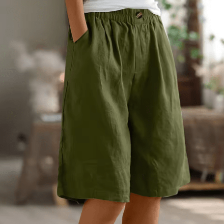 Pantalón corto de algodón verde militar, cintura elástica y perilla, dobladillo recto