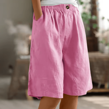Pantalón corto de algodón rosa, cintura elástica con botón, pierna amplia recta