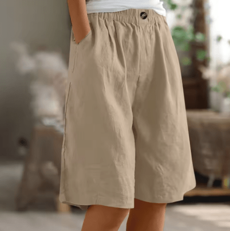 Pantalón corto de algodón caqui, cintura elástica con botón, corte recto con bolsillos