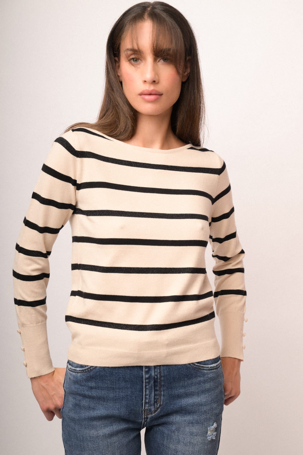 Jersey de cuello redondo con rayas horizontales negro y beige, manga larga