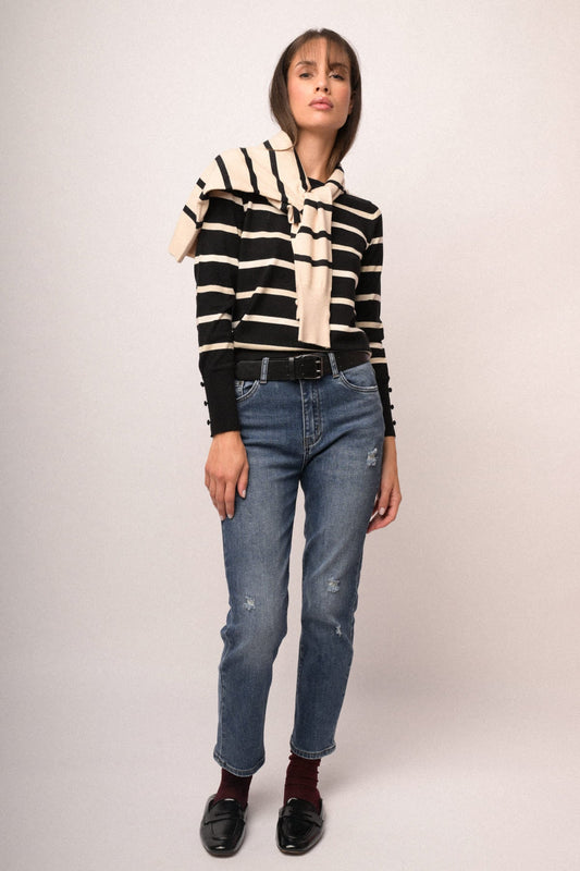 Jersey de punto de cuello redondo con rayas horizontales negro y crema