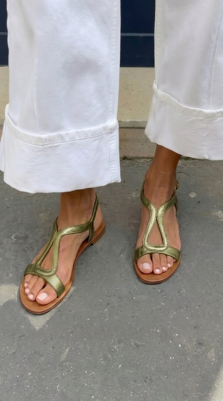 Sandalias planas verdes con tiras recortadas y puntera abierta.