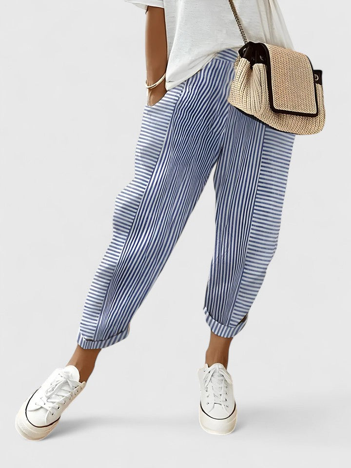 Pantalones cómodos a rayas, tiro alto, azul con puño elástico