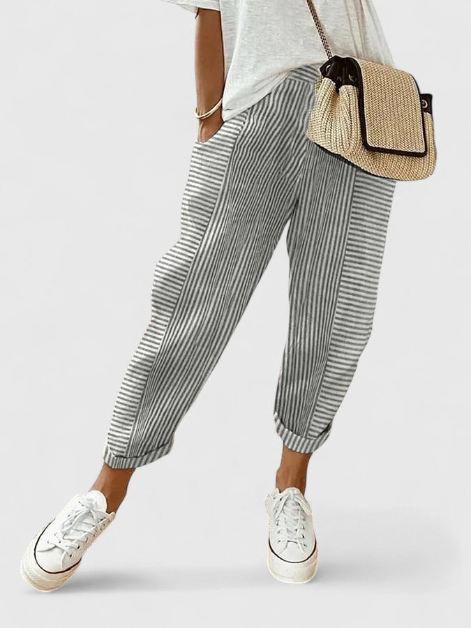 Pantalones cómodos a rayas, tiro alto, gris con puño elástico