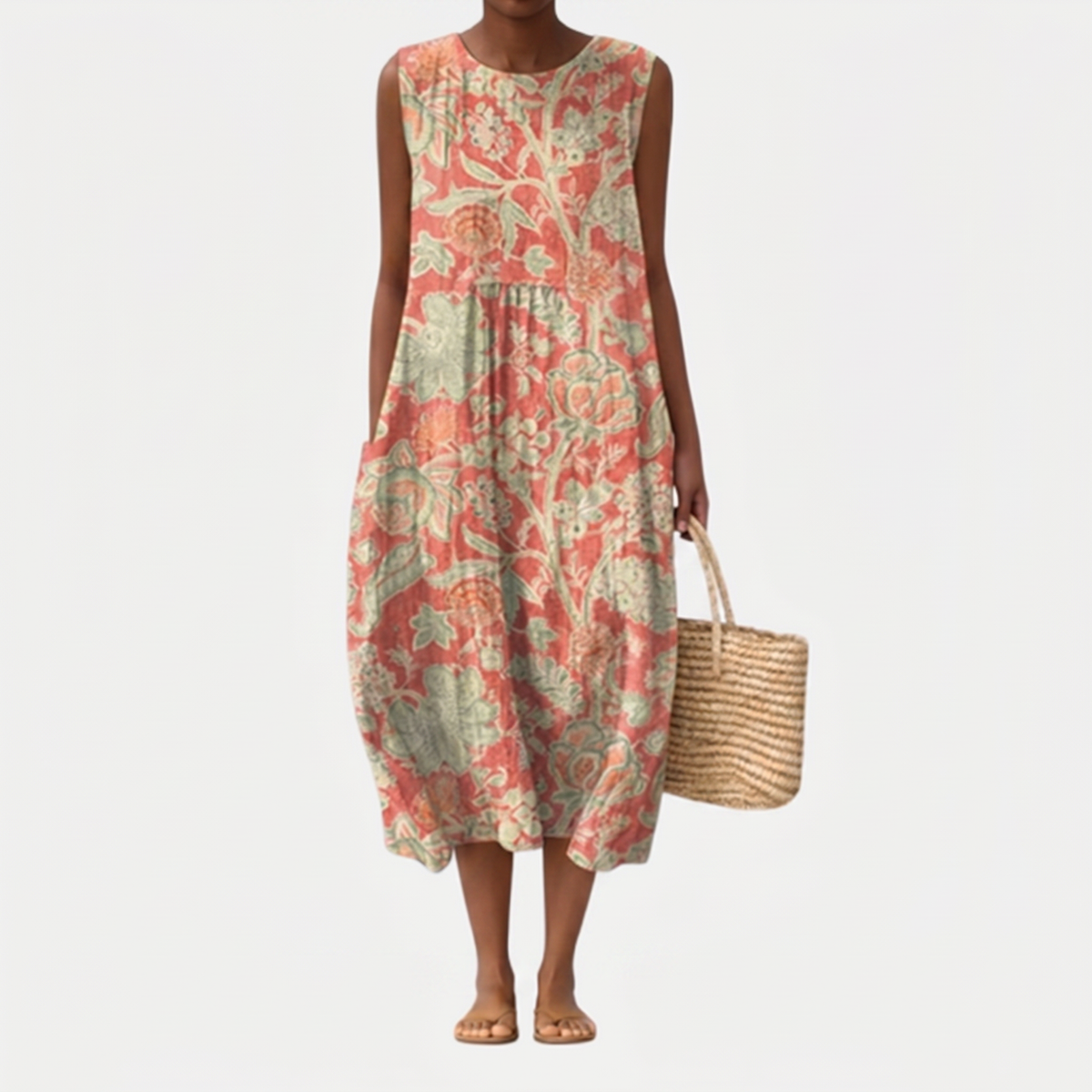 Vestido midi sin mangas estampado floral coral y verde, falda amplia, largo a media pierna