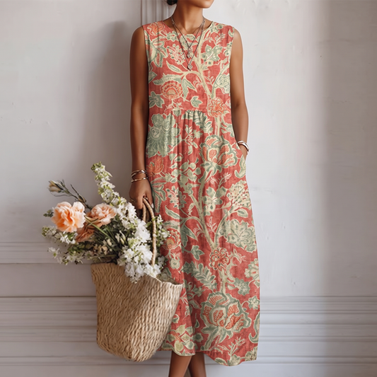 Vestido midi sin mangas estampado floral coral y verde, cuello redondo, fruncido