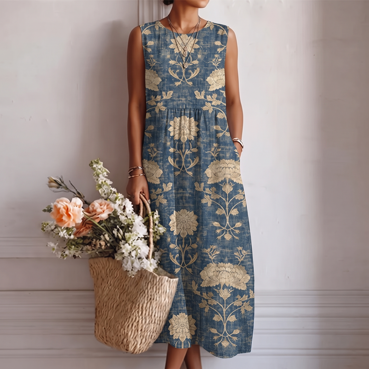 Vestido midi sin mangas azul con estampado floral beige, cuello redondo