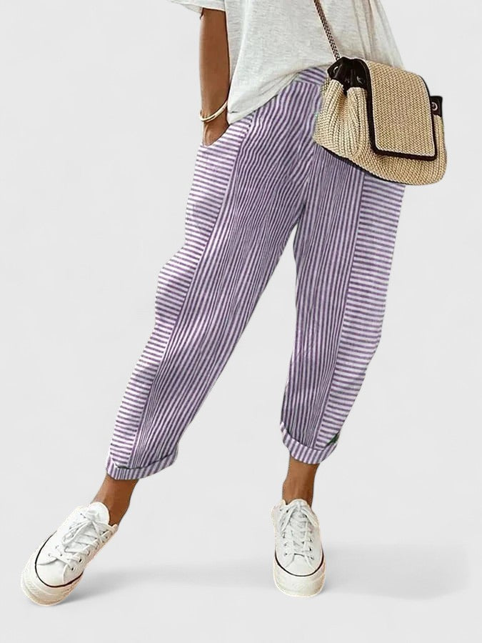 Pantalones cómodos a rayas, tiro alto, morado con puño elástico
