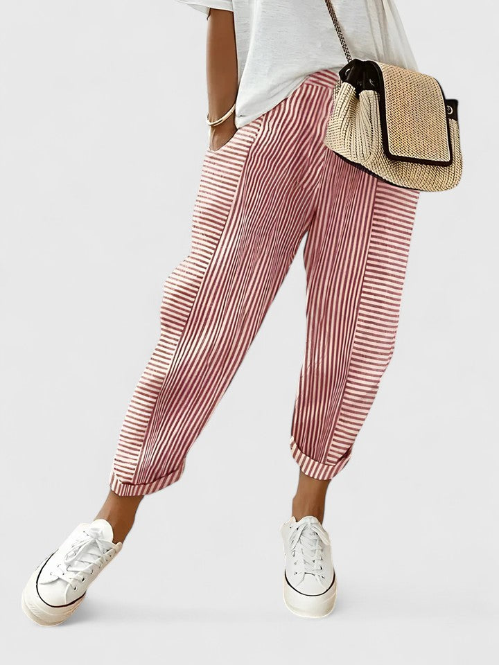 Pantalones cómodos a rayas, tiro alto, rojo con puño elástico